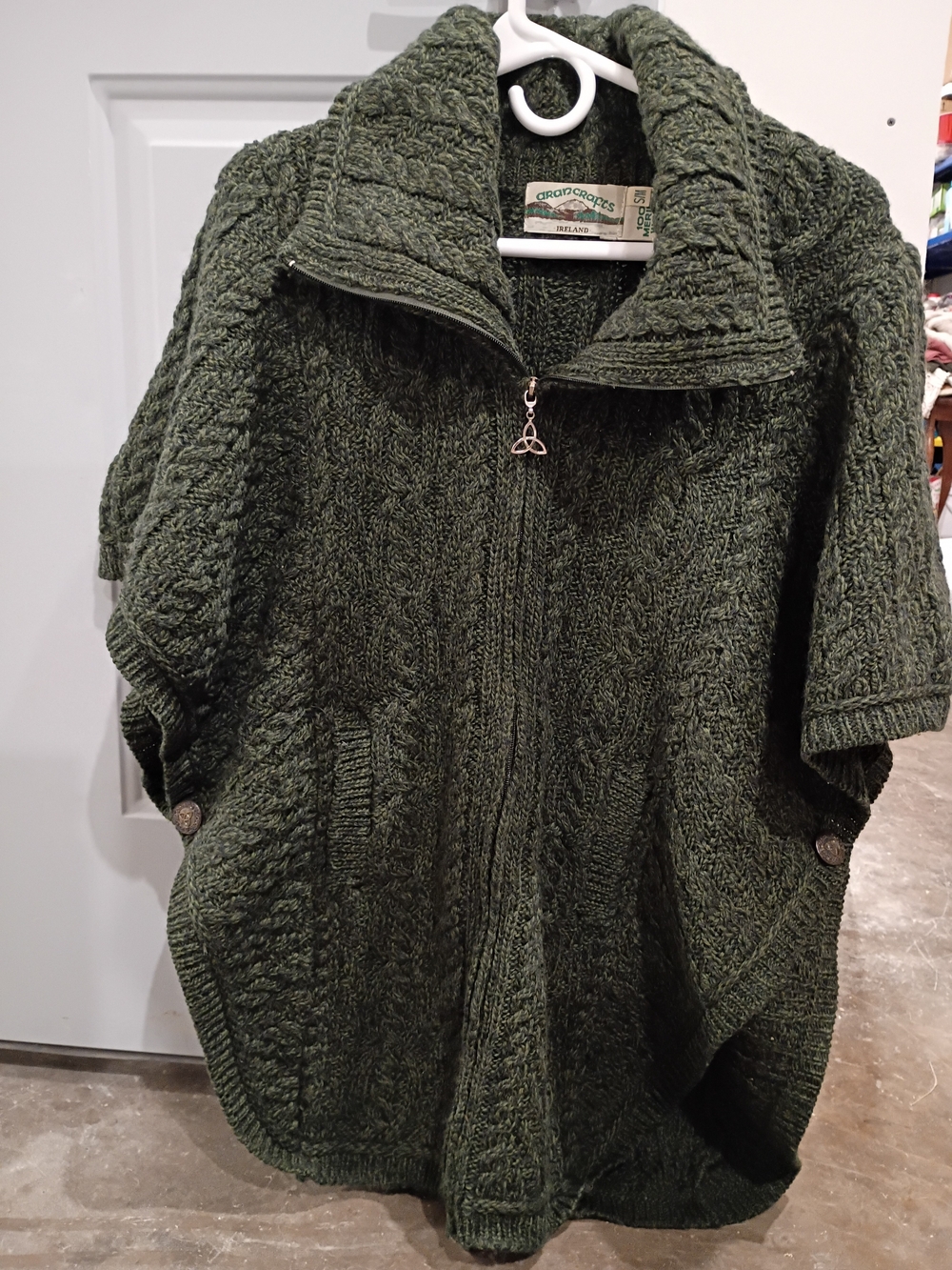 Aran Crafts Olive Green Cable-Knit Poncho Sweater